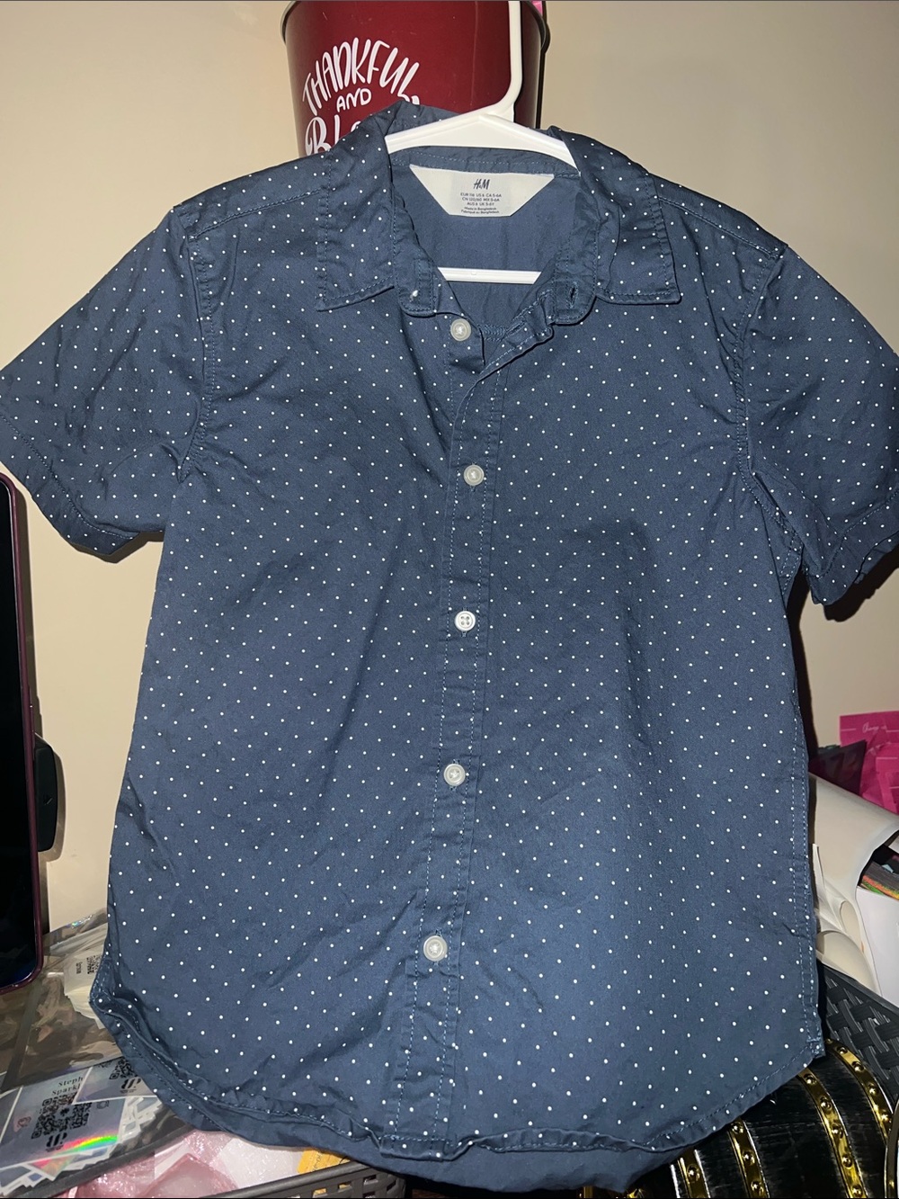 H&M Men’s Navy Blue Short-Sleeve Button-Down with White Micro Dot Print